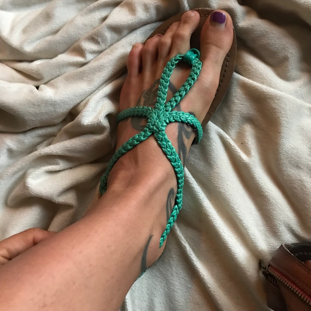 Turquoise scrappy sandals.